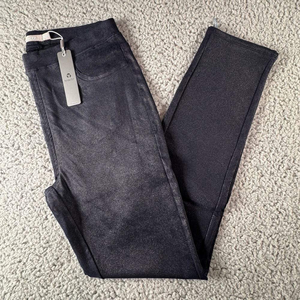 Tractr High Rise Flared Coated "Leather" Black Stretch Jeans Sz 6/28 NWT